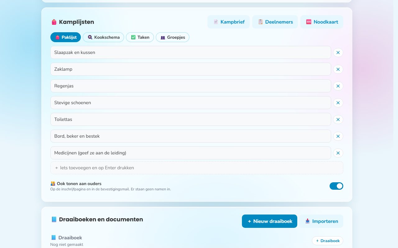 Een kamp met de documenten en wie er meegaat